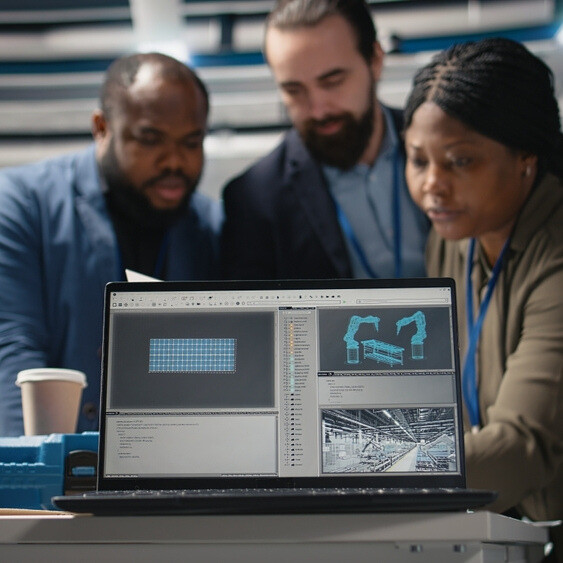 Team, die eine industrielle Simulationssoftware auf einem Laptop analysiert.