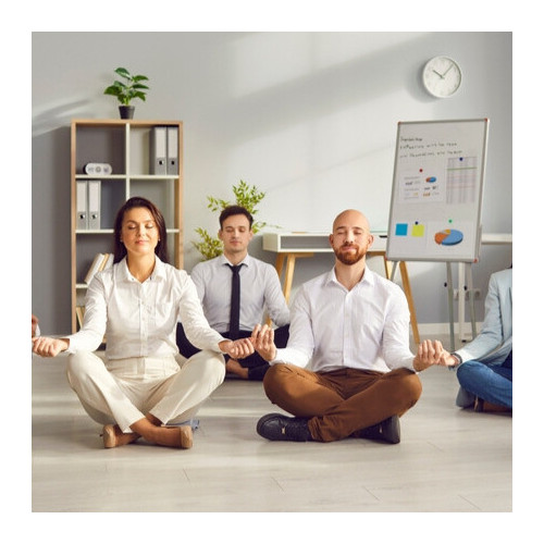 group meditation session in a professional environment, illustrating stress management at work